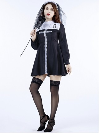 Simple Cross Pattern Black Long Sleeve Short Dress Nun Set Halloween Specter Vampire Costume Female