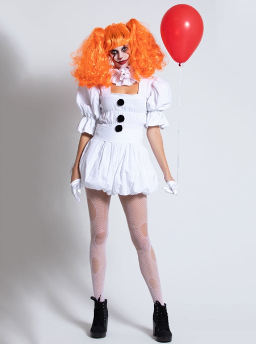 Square Collar Puff Short Sleeve White Short Fluffy Dress Set Halloween Clown Costume Female