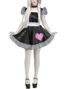 Black-white Stripe Love Bow Decoration Daily Sweet Short Black Lace Square Collar Puff Sleeve Dress Halloween Demon Doll Costume Female