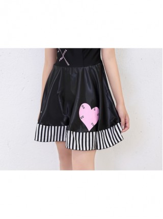 Black-white Stripe Love Bow Decoration Daily Sweet Short Black Lace Square Collar Puff Sleeve Dress Halloween Demon Doll Costume Female