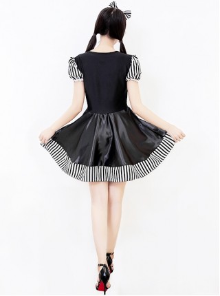 Black-white Stripe Love Bow Decoration Daily Sweet Short Black Lace Square Collar Puff Sleeve Dress Halloween Demon Doll Costume Female