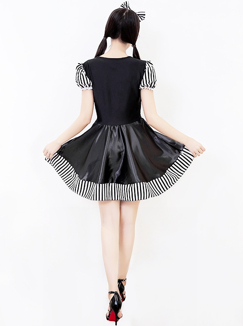 Black-white Stripe Love Bow Decoration Daily Sweet Short Black Lace Square Collar Puff Sleeve Dress Halloween Demon Doll Costume Female