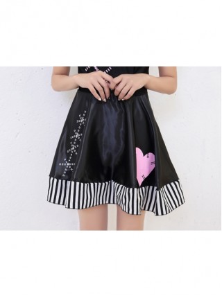 Black-white Stripe Love Bow Decoration Daily Sweet Short Black Lace Square Collar Puff Sleeve Dress Halloween Demon Doll Costume Female