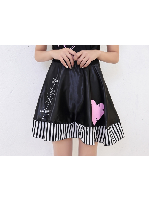 Black-white Stripe Love Bow Decoration Daily Sweet Short Black Lace Square Collar Puff Sleeve Dress Halloween Demon Doll Costume Female