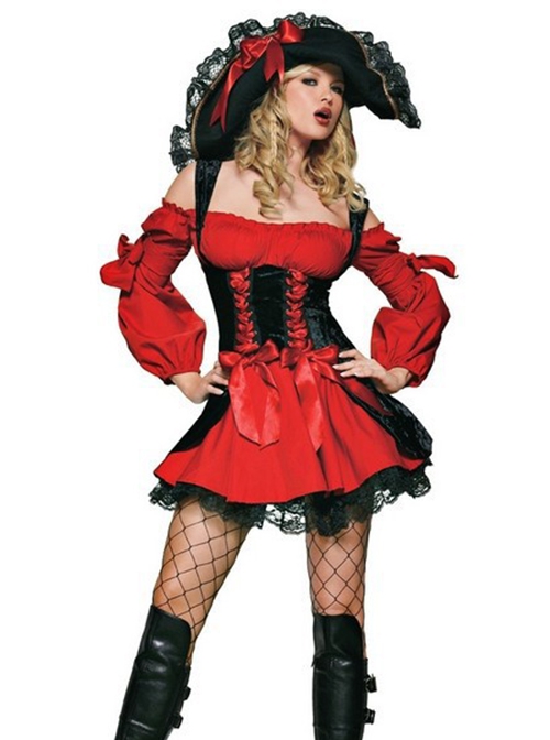 Red Long Sleeve Boat Neck Bare Shoulders  Sexy Short Dress Set Halloween Witch Pirate Warrior Costume Female
