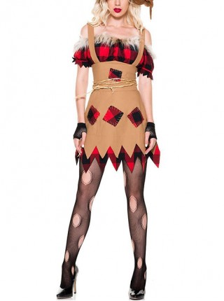 Red Raw Edges Top Brown Patch Short Dress Set Halloween Witch Magician Costume Female