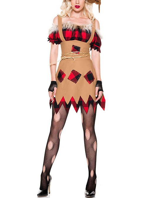 Red Raw Edges Top Brown Patch Short Dress Set Halloween Witch Magician Costume Female