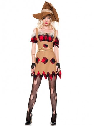 Red Raw Edges Top Brown Patch Short Dress Set Halloween Witch Magician Costume Female