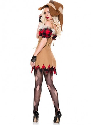 Red Raw Edges Top Brown Patch Short Dress Set Halloween Witch Magician Costume Female