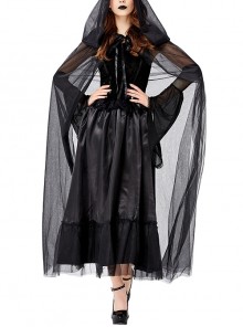 Black Mystery Elegant Mesh Hat Cloak Demon Vampire Witch Long Dress Halloween Prom Party Costume Female