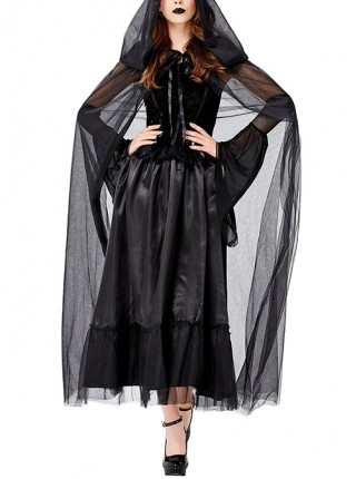 Black Mystery Elegant Mesh Hat Cloak Demon Vampire Witch Long Dress Halloween Prom Party Costume Female