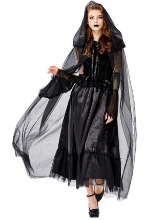 Black Mystery Elegant Mesh Hat Cloak Demon Vampire Witch Long Dress Halloween Prom Party Costume Female