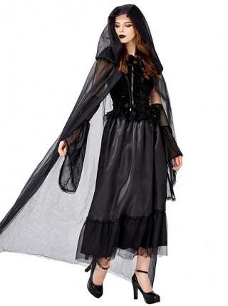 Black Mystery Elegant Mesh Hat Cloak Demon Vampire Witch Long Dress Halloween Prom Party Costume Female