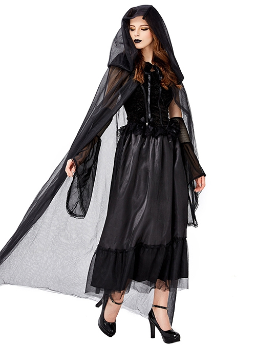 Black Mystery Elegant Mesh Hat Cloak Demon Vampire Witch Long Dress Halloween Prom Party Costume Female