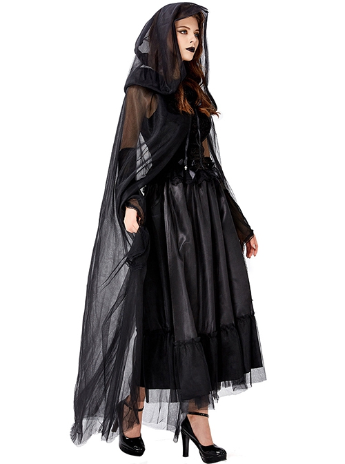 Black Mystery Elegant Mesh Hat Cloak Demon Vampire Witch Long Dress Halloween Prom Party Costume Female