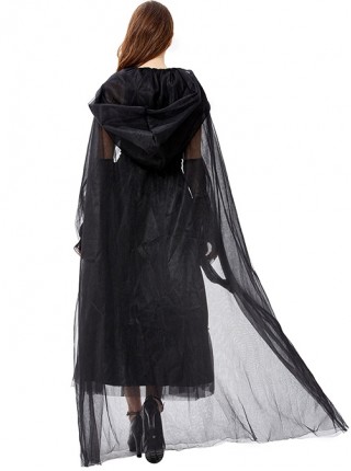 Black Mystery Elegant Mesh Hat Cloak Demon Vampire Witch Long Dress Halloween Prom Party Costume Female