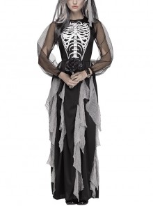 Skeleton Pattern Black Mesh Long Sleeve Slim Long Dress Halloween Demon Zombie Vampire Bride Costume