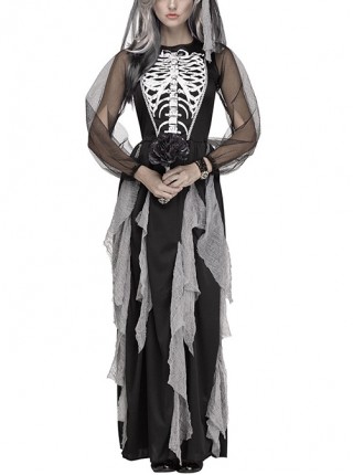 Skeleton Pattern Black Mesh Long Sleeve Slim Long Dress Halloween Demon Zombie Vampire Bride Costume