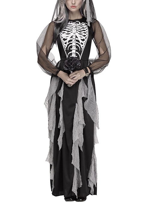 Skeleton Pattern Black Mesh Long Sleeve Slim Long Dress Halloween Demon Zombie Vampire Bride Costume