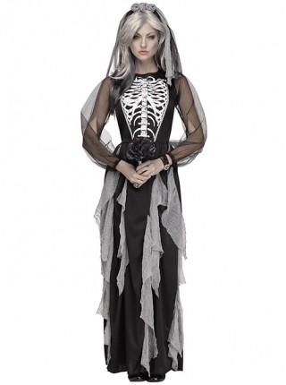 Skeleton Pattern Black Mesh Long Sleeve Slim Long Dress Halloween Demon Zombie Vampire Bride Costume