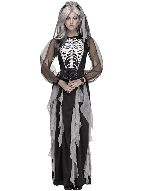 Skeleton Pattern Black Mesh Long Sleeve Slim Long Dress Halloween Demon Zombie Vampire Bride Costume