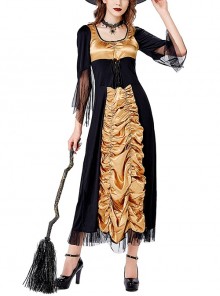 Elegant Black-golden U-neck Medium Sleeve Lace Mesh Slim Long Dress Halloween Vampire Witch Set