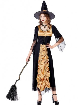 Elegant Black-golden U-neck Medium Sleeve Lace Mesh Slim Long Dress Halloween Vampire Witch Set