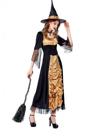 Elegant Black-golden U-neck Medium Sleeve Lace Mesh Slim Long Dress Halloween Vampire Witch Set