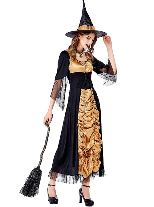 Elegant Black-golden U-neck Medium Sleeve Lace Mesh Slim Long Dress Halloween Vampire Witch Set