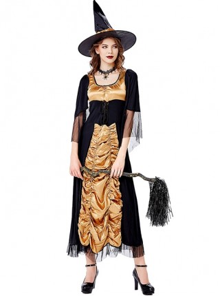 Elegant Black-golden U-neck Medium Sleeve Lace Mesh Slim Long Dress Halloween Vampire Witch Set