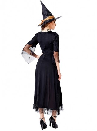 Elegant Black-golden U-neck Medium Sleeve Lace Mesh Slim Long Dress Halloween Vampire Witch Set