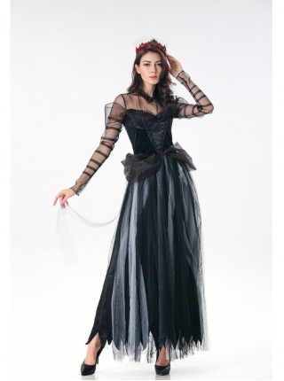Lace Mesh Long Sleeve Black Sling Large Hem Dress Halloween Ghost Bride Witch Vampire Costume