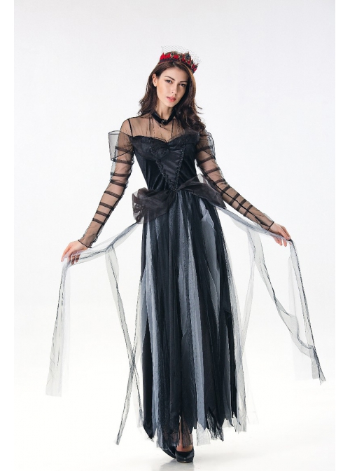 Lace Mesh Long Sleeve Black Sling Large Hem Dress Halloween Ghost Bride Witch Vampire Costume