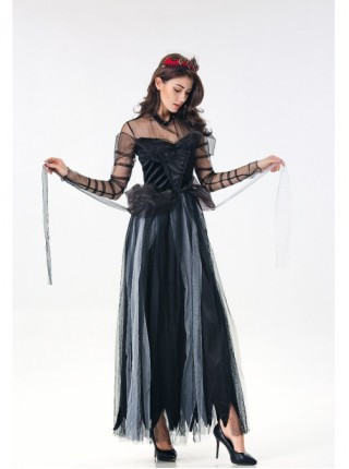 Lace Mesh Long Sleeve Black Sling Large Hem Dress Halloween Ghost Bride Witch Vampire Costume