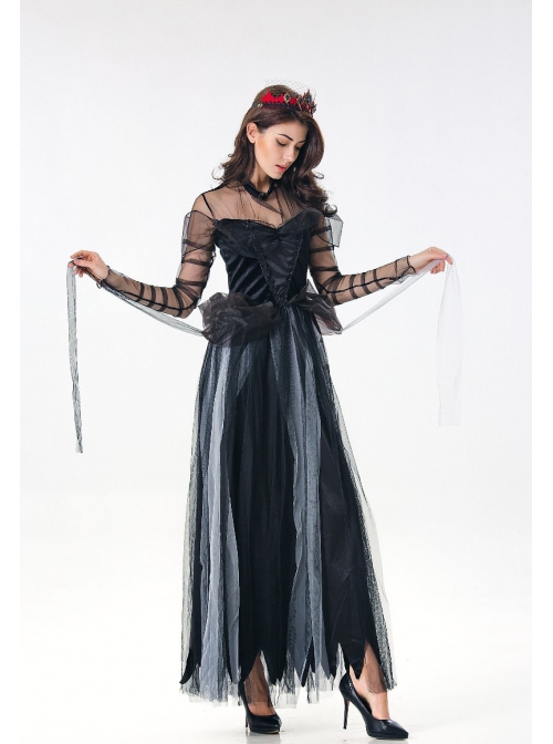 Lace Mesh Long Sleeve Black Sling Large Hem Dress Halloween Ghost Bride Witch Vampire Costume