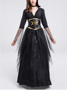 Black Deep V-neck Mesh Medium Sleeve Hooded Long Dress Egypt Queen Halloween Vampire Witch Costume