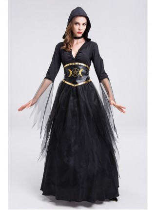 Black Deep V-neck Mesh Medium Sleeve Hooded Long Dress Egypt Queen Halloween Vampire Witch Costume