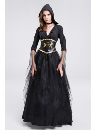 Black Deep V-neck Mesh Medium Sleeve Hooded Long Dress Egypt Queen Halloween Vampire Witch Costume