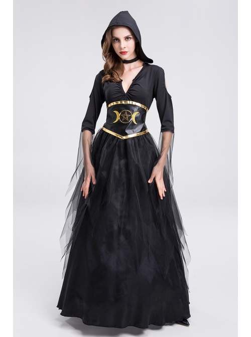 Black Deep V-neck Mesh Medium Sleeve Hooded Long Dress Egypt Queen Halloween Vampire Witch Costume
