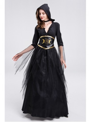 Black Deep V-neck Mesh Medium Sleeve Hooded Long Dress Egypt Queen Halloween Vampire Witch Costume