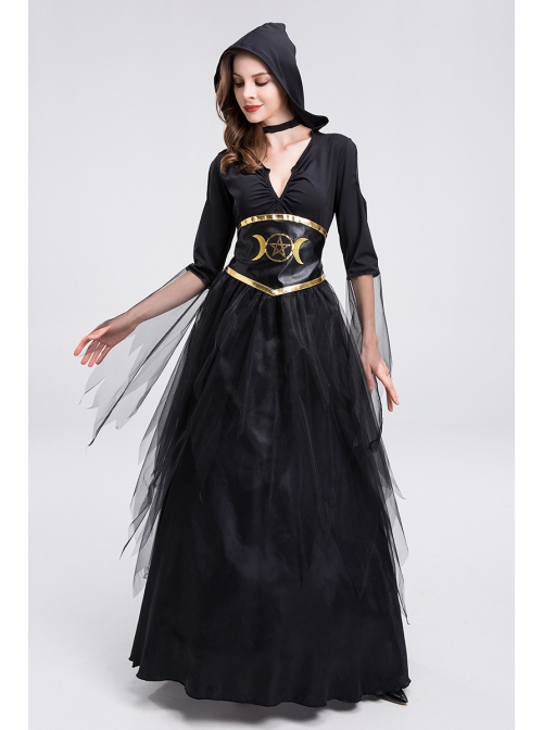 Black Deep V-neck Mesh Medium Sleeve Hooded Long Dress Egypt Queen Halloween Vampire Witch Costume