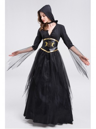 Black Deep V-neck Mesh Medium Sleeve Hooded Long Dress Egypt Queen Halloween Vampire Witch Costume