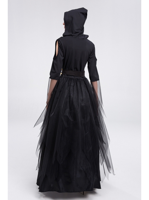 Black Deep V-neck Mesh Medium Sleeve Hooded Long Dress Egypt Queen Halloween Vampire Witch Costume