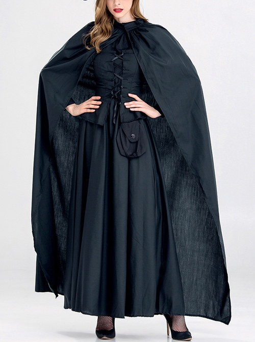 Black Pointed Hat Long Cloak Long Dress Halloween Demon Vampire Witch Set