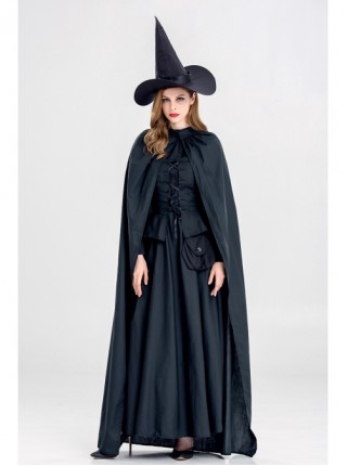 Black Pointed Hat Long Cloak Long Dress Halloween Demon Vampire Witch Set