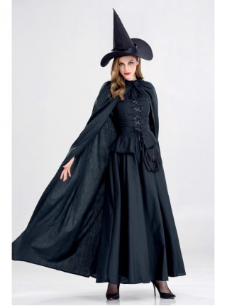 Black Pointed Hat Long Cloak Long Dress Halloween Demon Vampire Witch Set