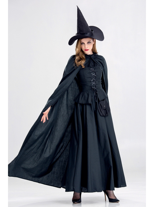 Black Pointed Hat Long Cloak Long Dress Halloween Demon Vampire Witch Set