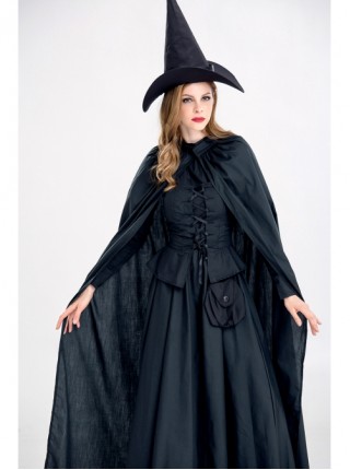 Black Pointed Hat Long Cloak Long Dress Halloween Demon Vampire Witch Set