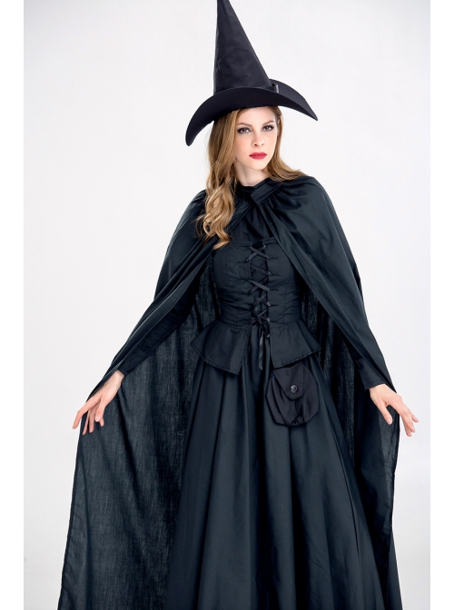 Black Pointed Hat Long Cloak Long Dress Halloween Demon Vampire Witch Set
