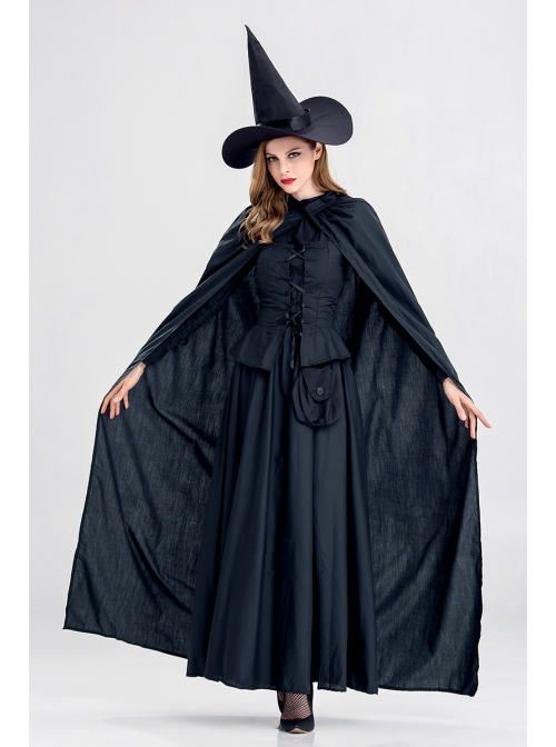 Black Pointed Hat Long Cloak Long Dress Halloween Demon Vampire Witch Set